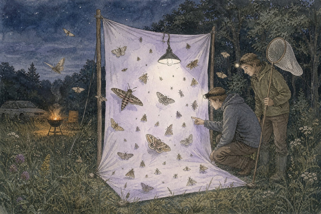 Illustration of a white sheet lit by a lamp at the edge of a meadow at night, moths flying in, two people with headlamps and a small barbecue glowing in the background