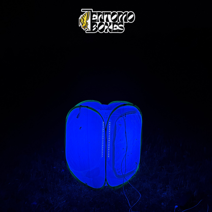 EntomoBoxes moth light trap as the only light source glowing blue in a dark field at night
