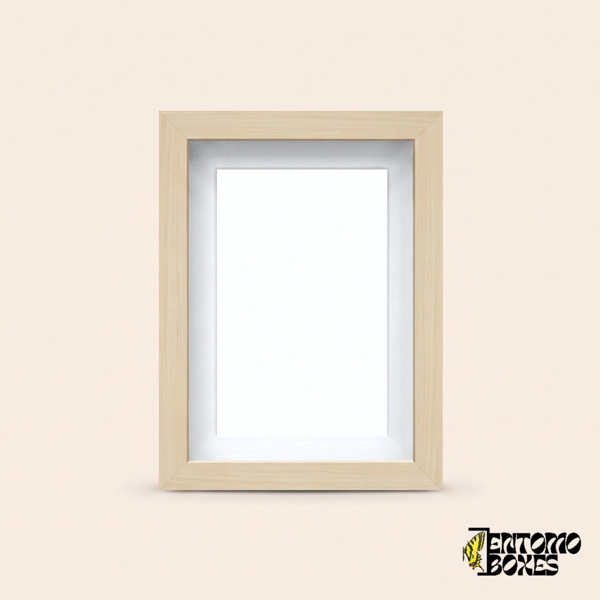 Light wood shadow box frame for insect and butterfly display, front view